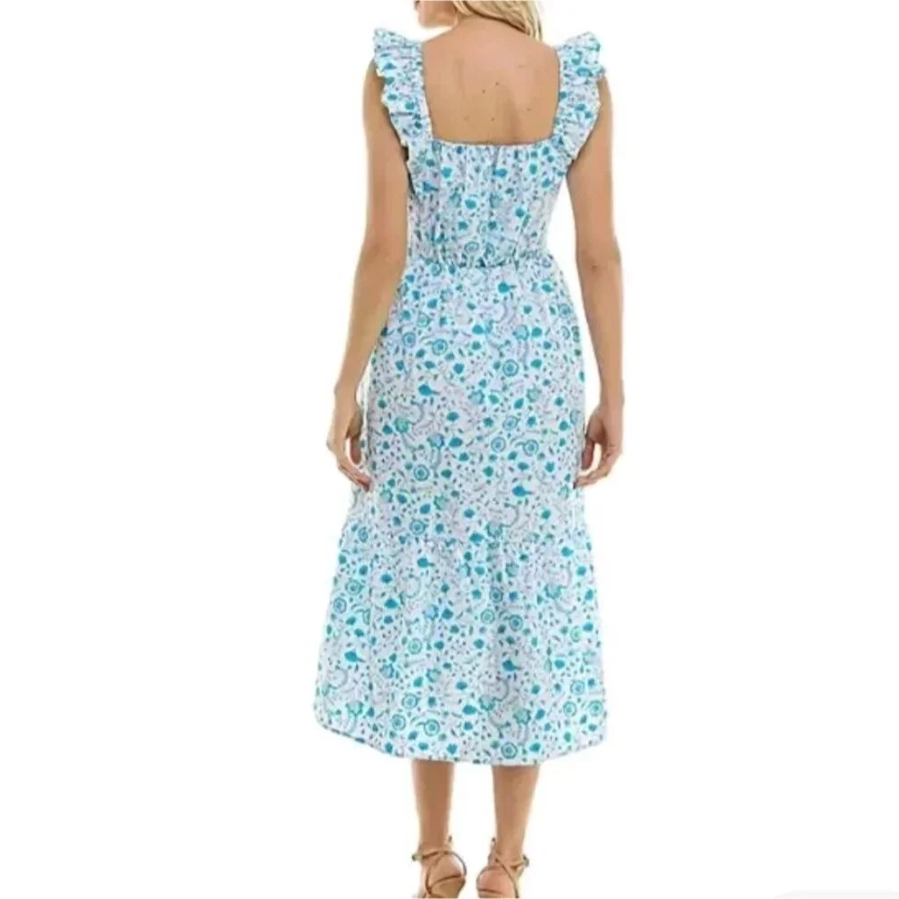 Draper James Flutter Strap Square Neck Sun Dress Blue Paisley Large Cotton Midi - Picture 2 of 10